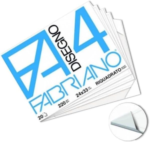 Fabriano F4, Formato 24 x 33 cm, Fogli LISCI RIQUADRATI, Grammatura 220gr/m2, 20 Fogli