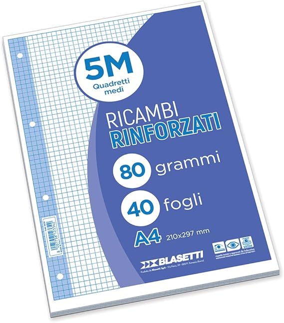 Blasetti Ricambi Rinforzati - Confezione da 40 fogli a quadretti formato A4, Rigatura 5M (5mm)