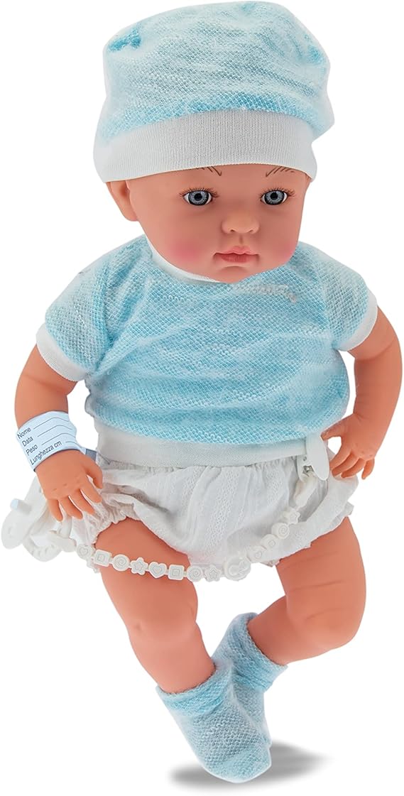 Bambolotto Neonato Maschio in Vinile Profumato con Certificato di Nascita, Ciuccio e Braccialetto, Altezza 45cm