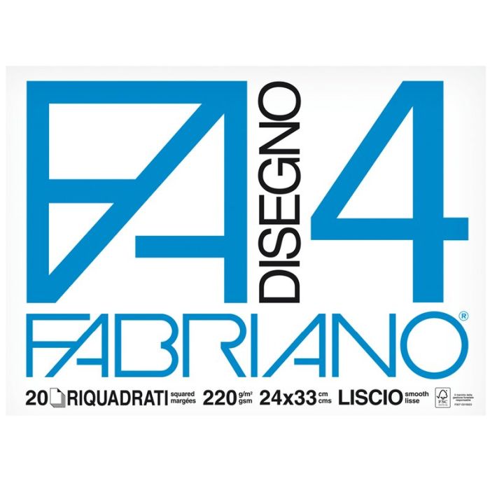 Fabriano F4, Formato 24 x 33 cm, Fogli LISCI RIQUADRATI, Grammatura 220gr/m2, 20 Fogli