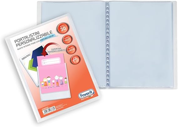 Favorit Portalistino Personalizzabile 30 Buste Lisce, Formato A5 15 x 21 cm, Trasparente