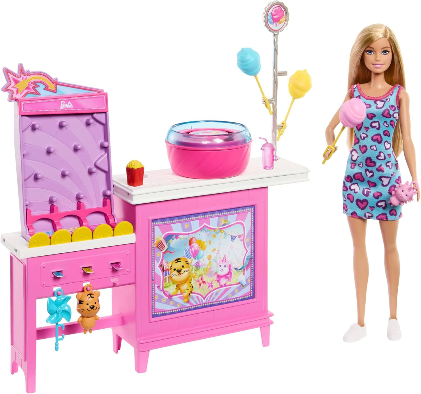 Barbie - Malibu e chiosco zucchero filato, set con bambola e 20 accessori inclusi