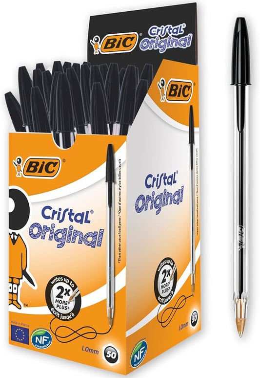 BIC Cristal Original, Penne Nere a Sfera, Punta Media (1.00 mm), Confezione 50 Penne