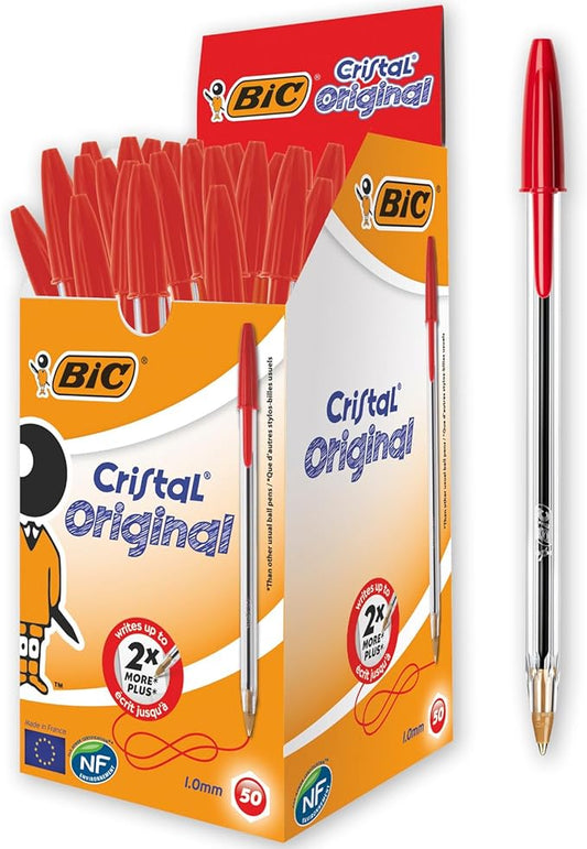 BIC Penne Rosse a Sfera, Cristal Original, Punta Media (1.0 mm), Confezione da 50