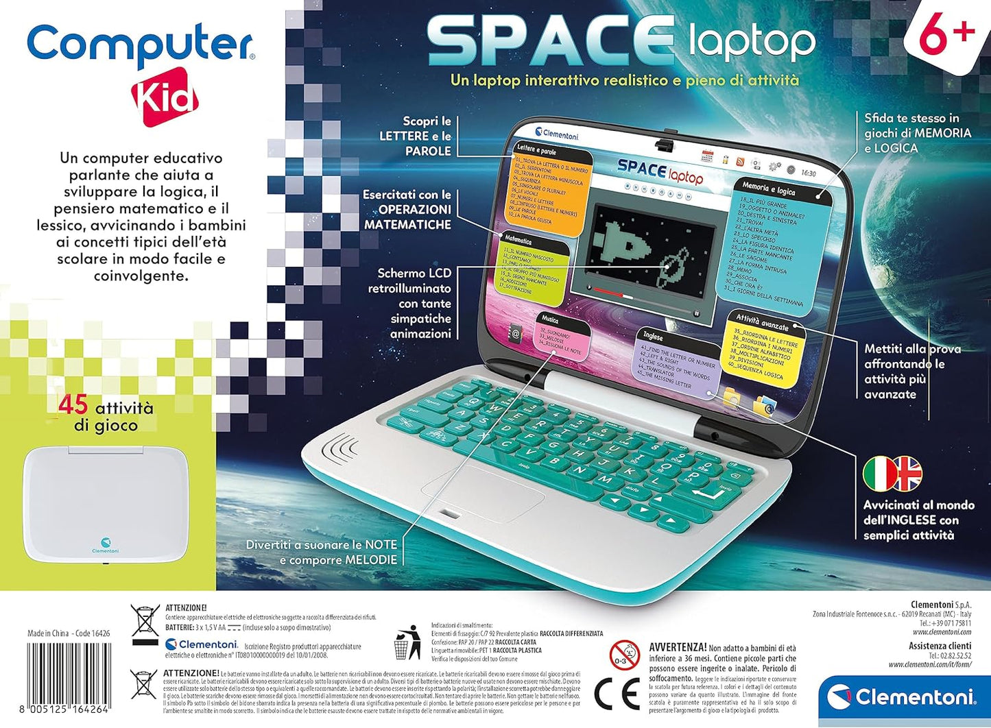 Clementoni - Computer Kid Space, Laptop Educativo Parlante