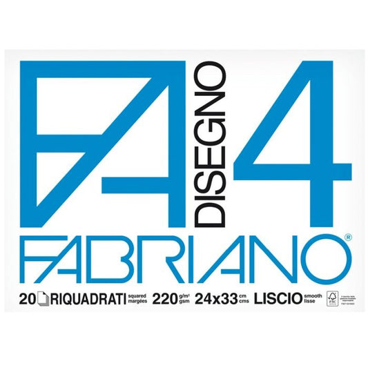 Fabriano F4, Formato 24 x 33 cm, Fogli LISCI RIQUADRATI, Grammatura 220gr/m2, 20 Fogli